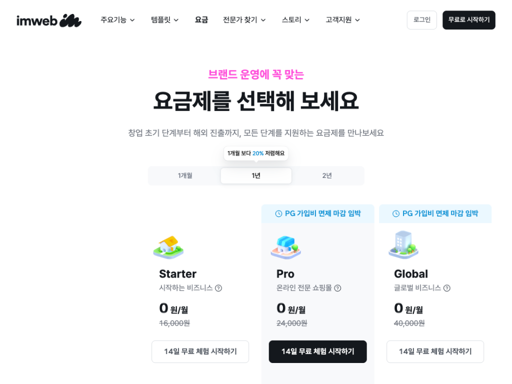 아임웹 구매시 비용.